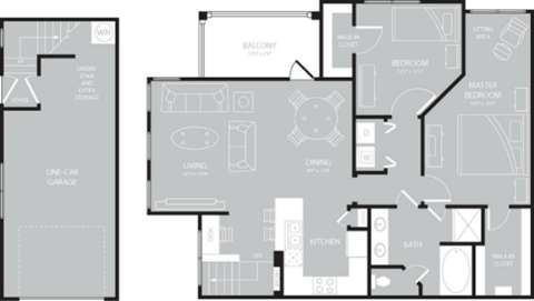 Floor plan for 2 beds, 1 bath, 1177 sqft